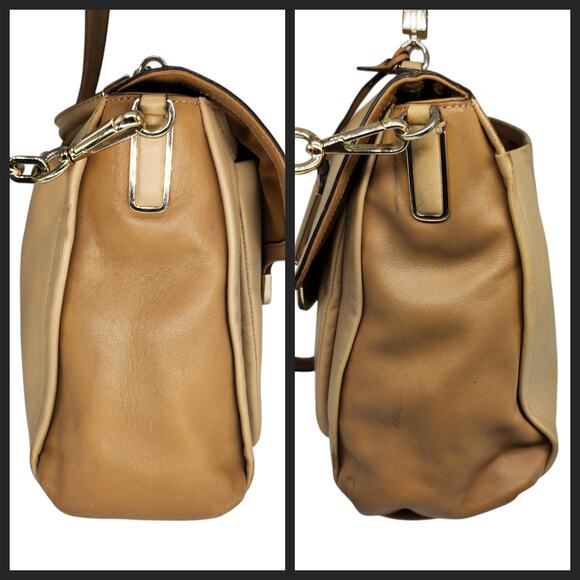 Coach Purse Handbag Leather Colorblock Tan Nude Briefcase Crossbody Flap Top - Picture 4 of 15